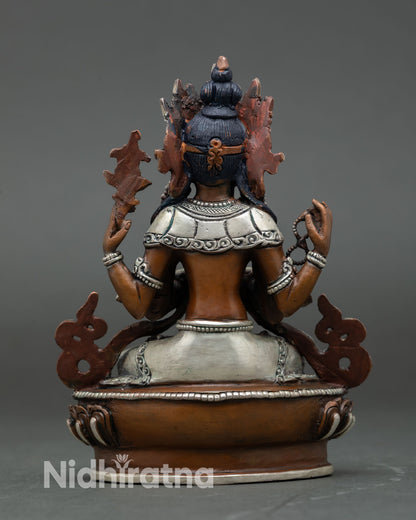 Back view of Chenrezig statue, lost wax casting, oxidized copper finish, detailed lotus throne, Tibetan Buddhist meditation altar decor