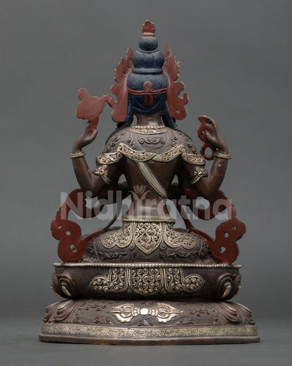 back view chenrezig statue oxidized copper lotus pedestal newari handcrafted buddhist art nepal