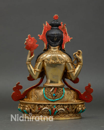Back view of Chenrezig statue Vajrayana Buddhism sacred art copper alloy fire gilded detail Himalayan Buddhist decor