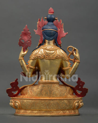 Back view Chenrezig statue with lotus pedestal detailing and traditional Himalayan craftsmanship, Buddhist sculpture Nepal