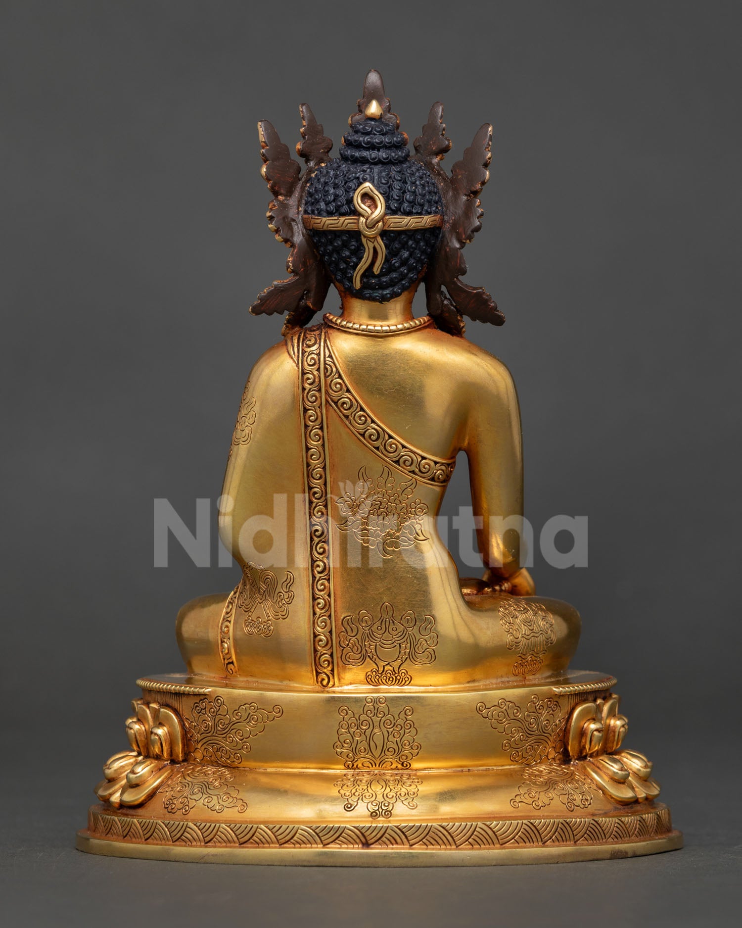 back view crown shakyamuni buddha statue copper fire gilded finish detailed lotus throne carving