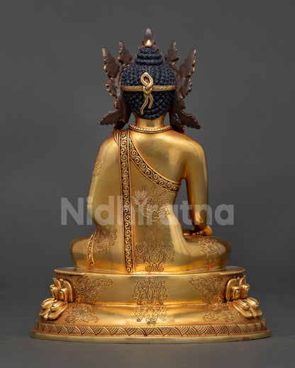 back view crown shakyamuni buddha statue copper fire gilded finish detailed lotus throne carving