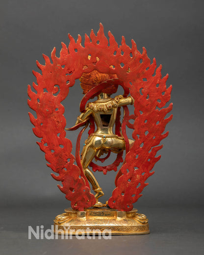 Back view of Dorje Phagmo statue, detailed robes, traditional Nepalese craftsmanship, sacred energy