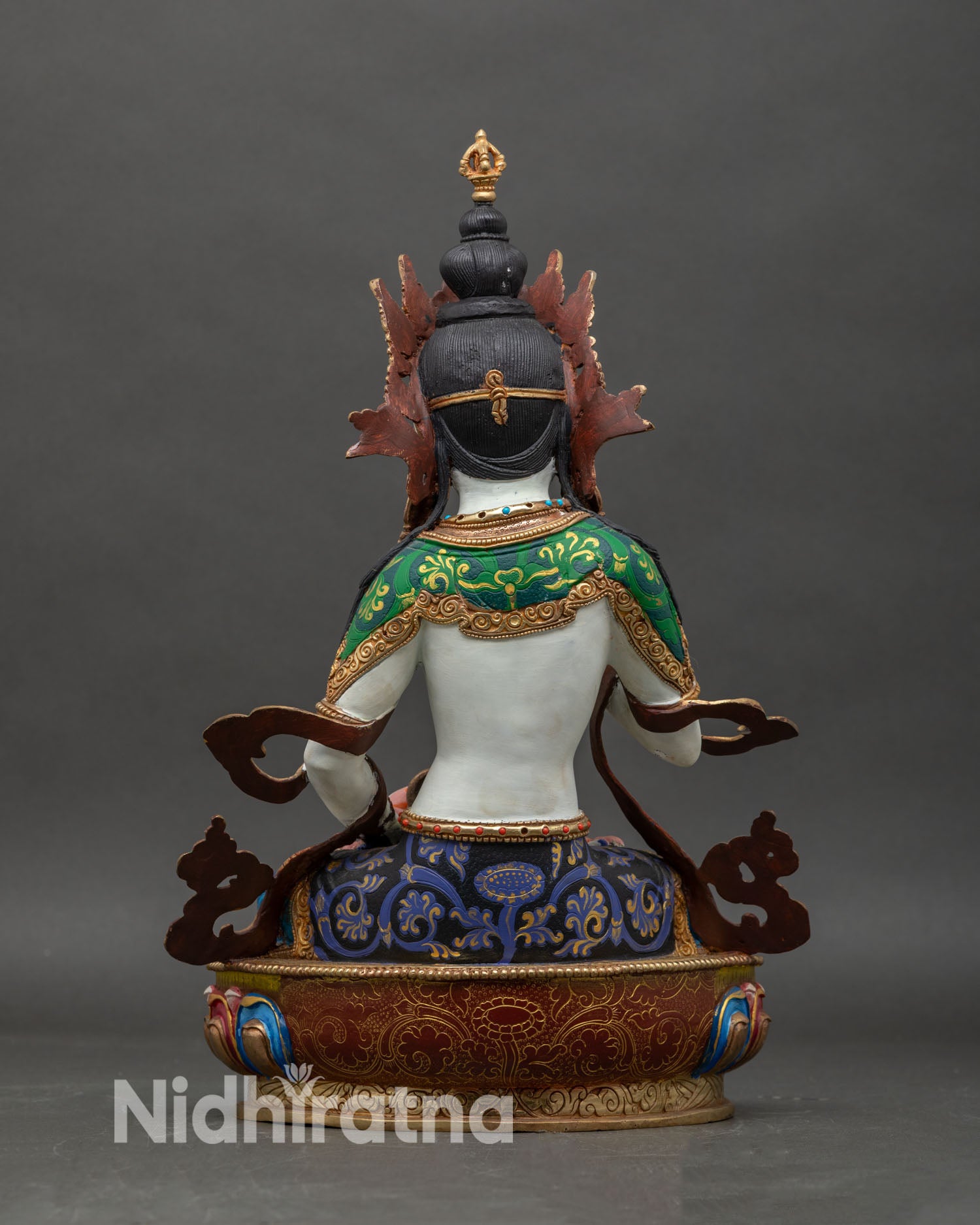 Back view of Dorje Sempa sculpture on lotus pedestal for meditation and spiritual home decor