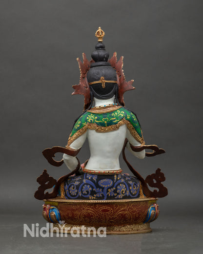 Back view of Dorje Sempa sculpture on lotus pedestal for meditation and spiritual home decor