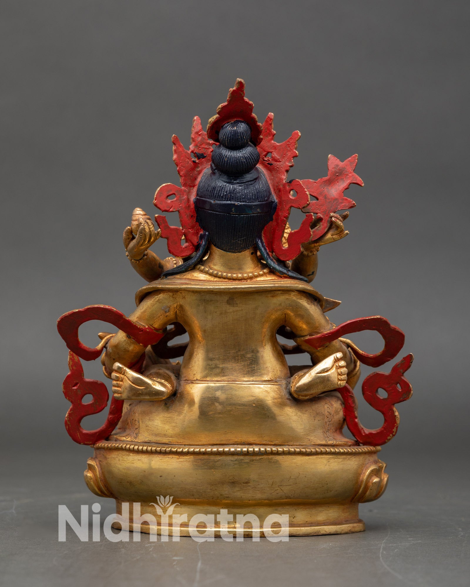 Back view Dzambhala and Consort sculpture sacred Buddhist wealth deity copper gold gilded