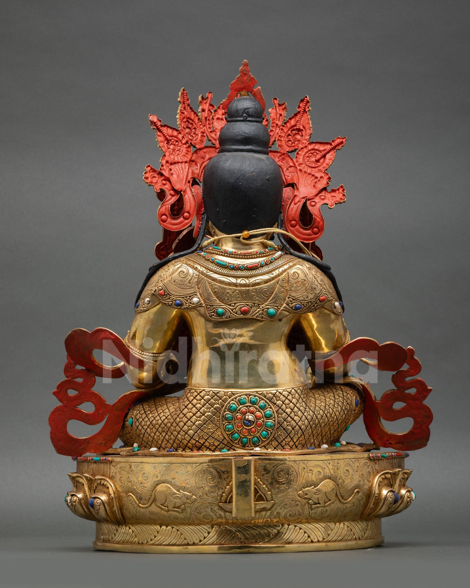 Back view of Dzambhala statue, handcrafted in Nepal, copper gold gilding, spiritual altar sculpture Kathmandu Valley artisan work