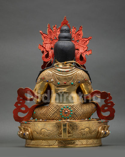 Back view of Dzambhala statue, handcrafted in Nepal, copper gold gilding, spiritual altar sculpture Kathmandu Valley artisan work