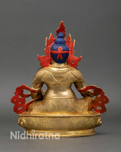 Back view Dzambhala statue handcrafted Nepal lost wax casting copper spiritual sculpture