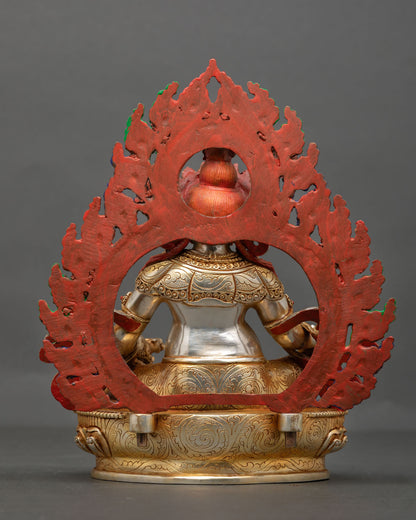 Back view of Dzambhala statue handmade Nepal copper sculpture with gold gilded finish and hand painted acrylic detailing for altar decor