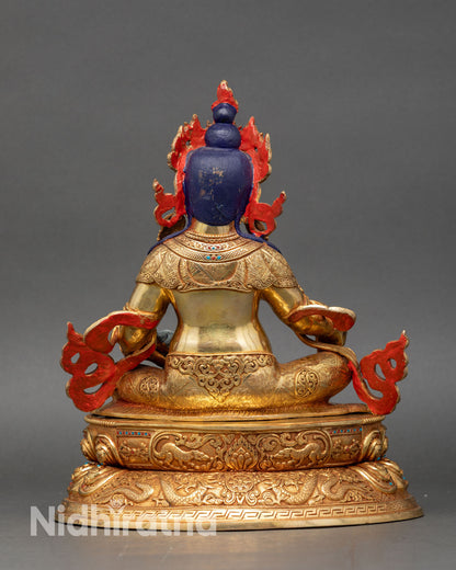 Back view Dzambhala statue lotus seat crown detail Nepalese artisan craftsmanship