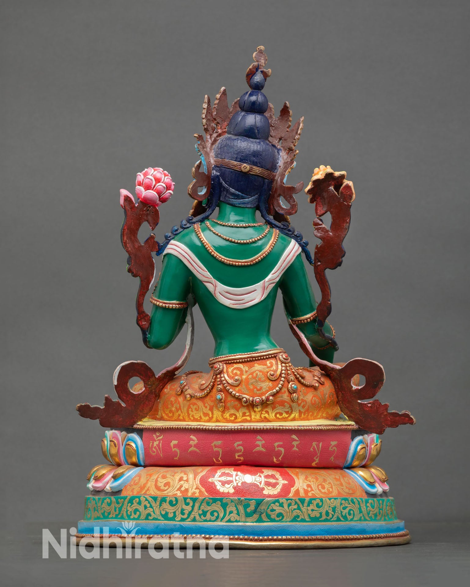 Back view of Green Tara sculpture handcrafted Buddhist goddess statue copper finish intricate carvings meditation altar spiritual decor