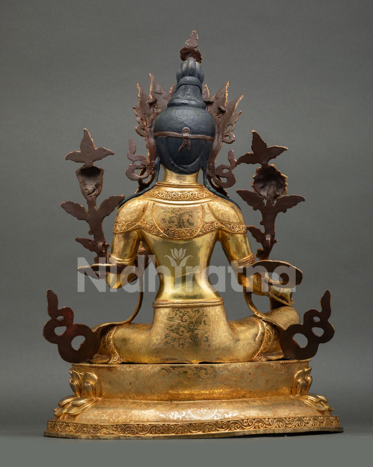 Back View of Green Tara Statue Copper Gold Gilded Finish Intricate Ornament Details Lotus Pedestal Traditional Newari Handcrafted Buddhist Sacred Sculpture