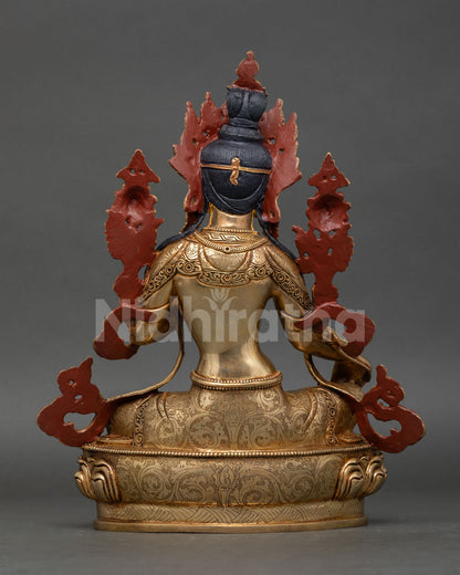 Back view of Green Tara statue, detailed copper finish, gold gilding, traditional Nepal artisan craft