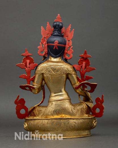 Back view of Green Tara statue detailed lotus pedestal semi precious stones