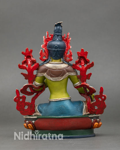 Back view of Green Tara statue, double lotus seat with silver and copper finish