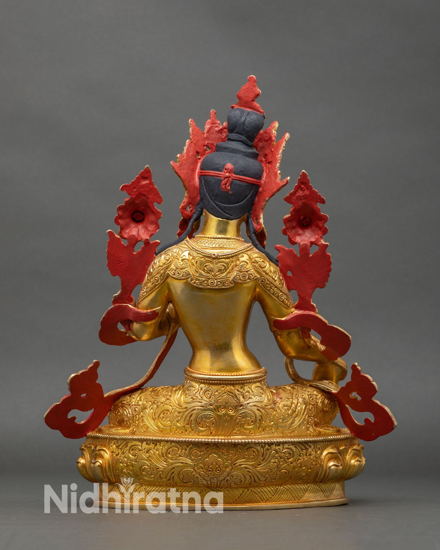Back view Green Tara statue gold copper Himalayan meditation altar decor devotional art