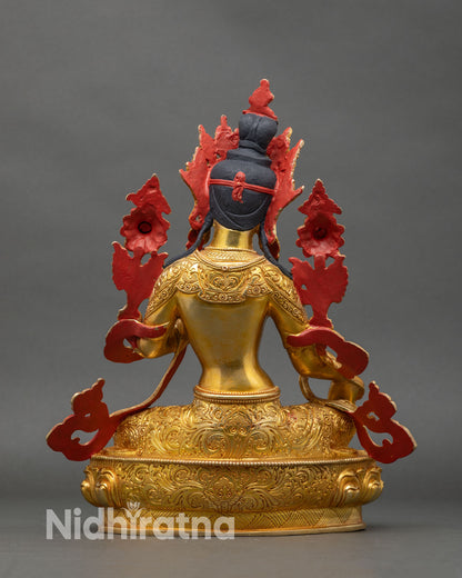 Back view Green Tara statue gold copper Himalayan meditation altar decor devotional art