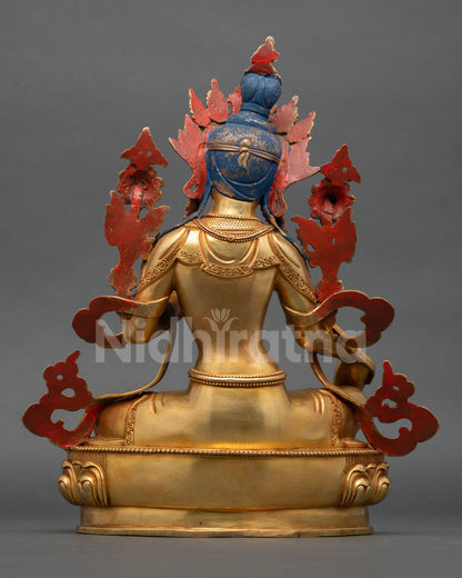 Back view Green Tara statue handcrafted Nepal copper gold fire gilded finish, traditional Himalayan Buddhist art