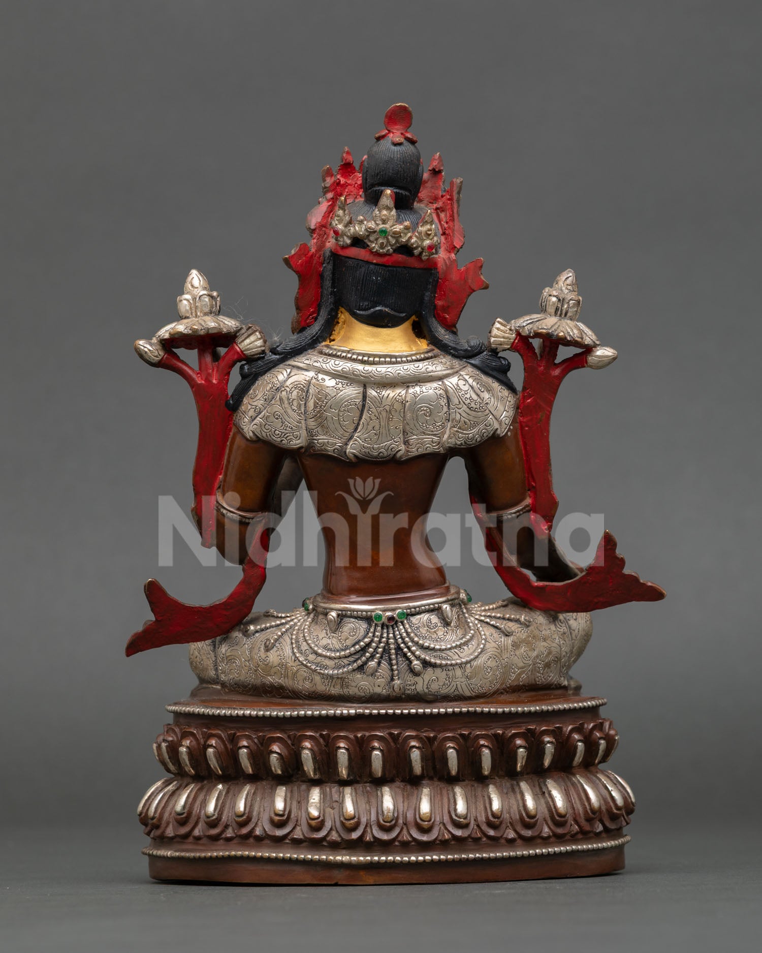 Back view of Green Tara statue handcrafted Nepal oxidized copper silver-plating, spiritual altar decor, Tibetan Buddhist goddess sculpture