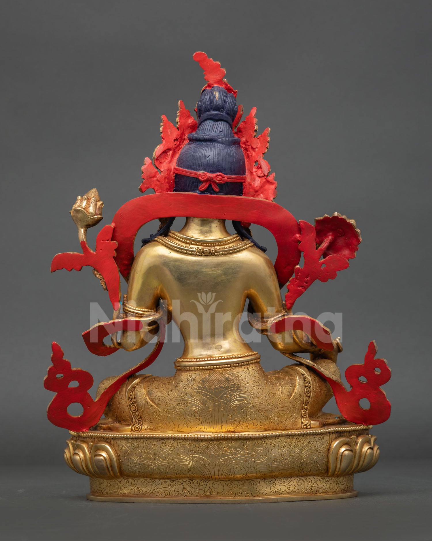 Back view of Green Tara statue, handcrafted nepalese buddhist art copper statue with gold gilding detailed robe patterns 