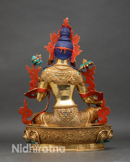 Back view Green Tara statue, Intricate gold fire-gilding and artisan craftsmanship