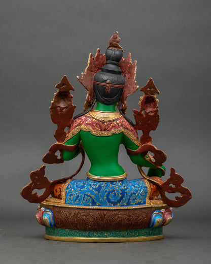Back view of Green Tara statue featuring intricate robes with hand-painted acrylics.