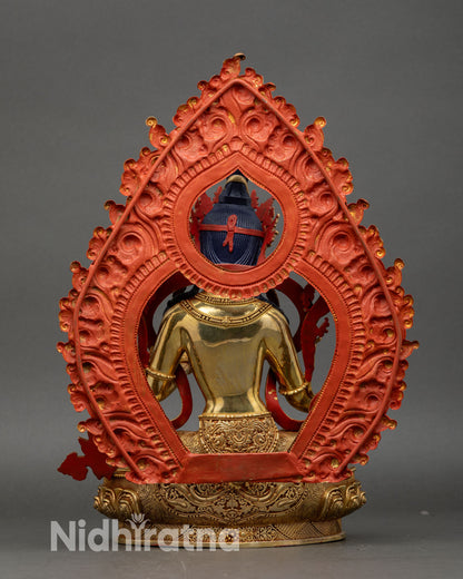 Back view of Green Tara Statue on lotus throne, hand-carved copper and gold