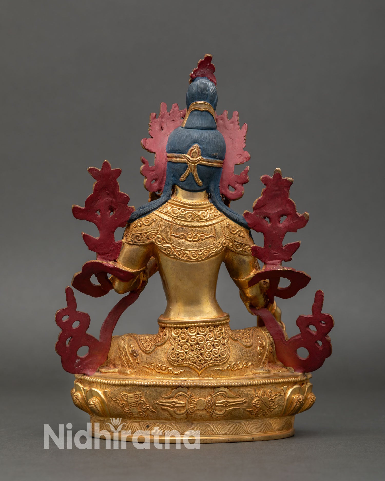 Back view of Green Tara statue Nepal handmade copper gold gilded sculpture meditation altar spiritual decor