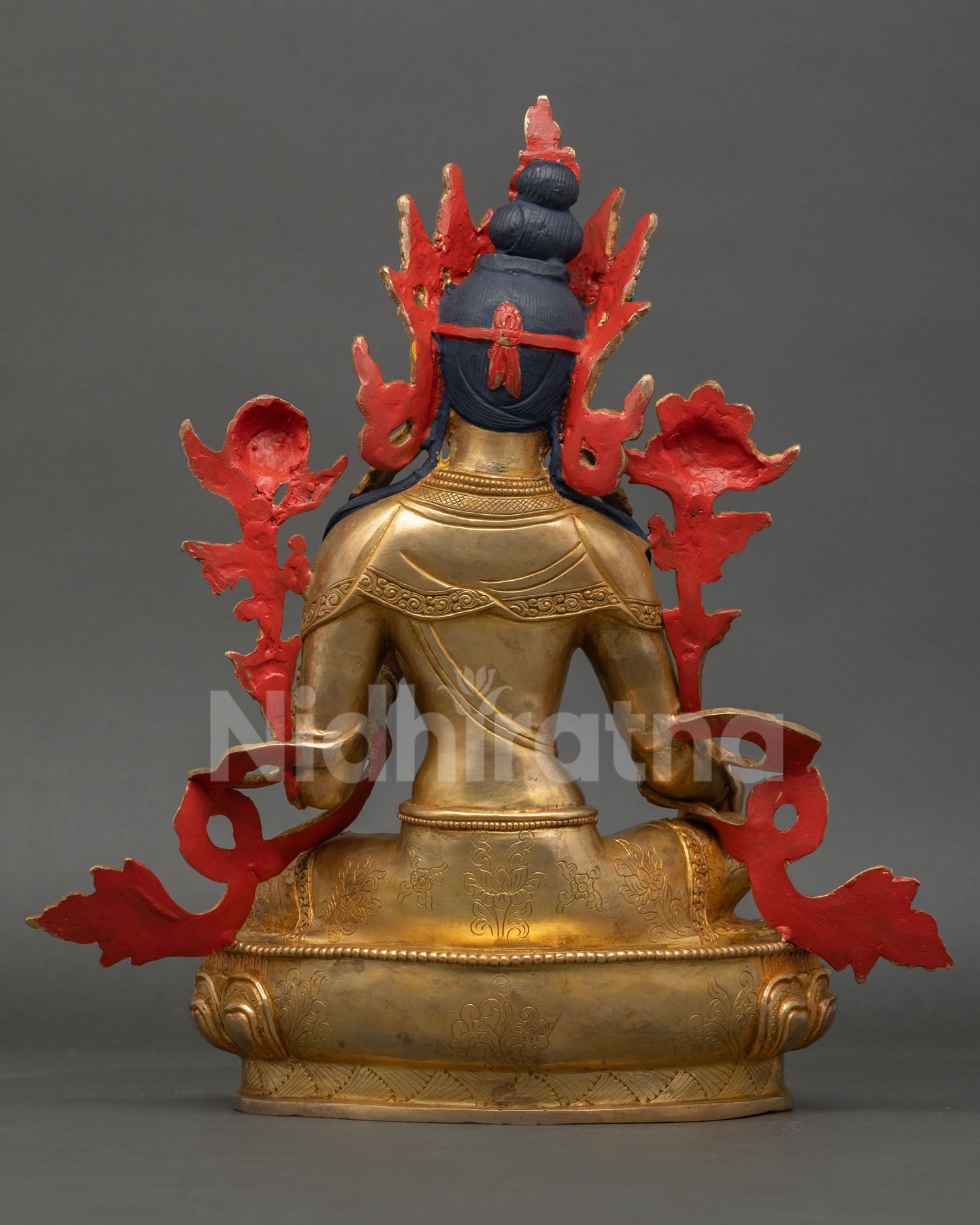 Back view of Green Tara Statue, Nepal, handmade gold detailing, sacred Buddhist artwork, spiritual meditation decor