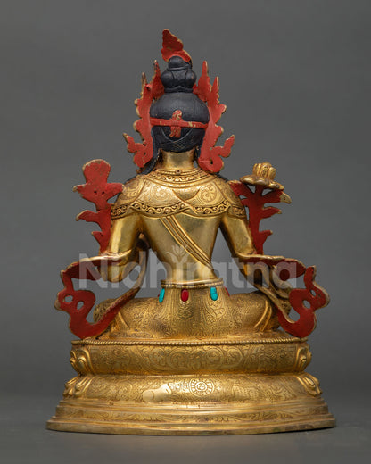 Back view of Green Tara Statue Nepal handmade sacred Buddhist goddess artwork gold detailing spiritual decor