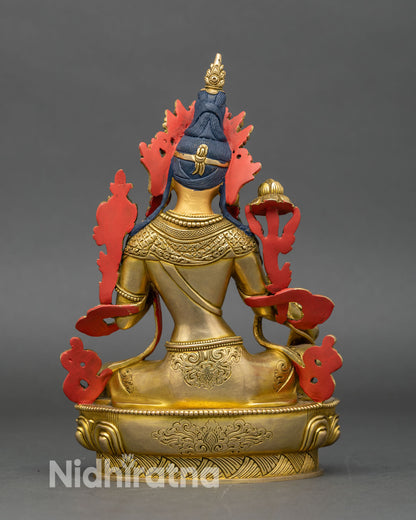green tara statue rear view showing engraved lotus base and fine gold-gilded details