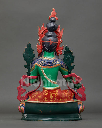 Back view Green Tara statue revealing engraved copper workmanship and detailed lotus throne structure