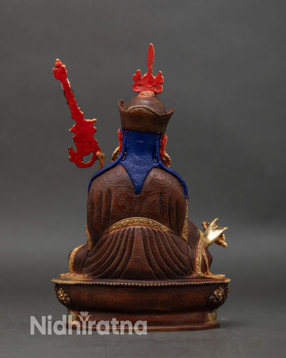 Back view Guru Padmasambhava statue lotus base gold copper spiritual decor Nepal