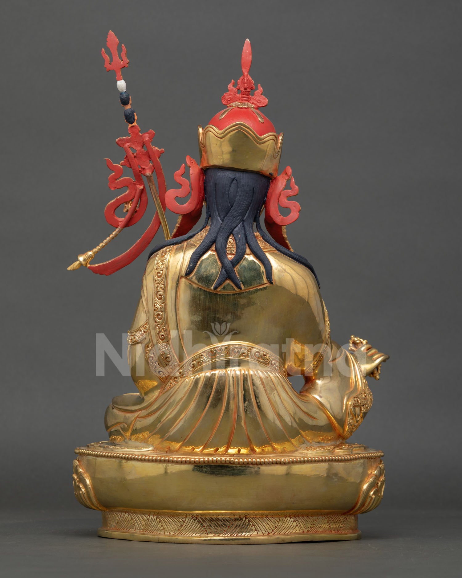 back view guru rinpoche statue, engraved copper lotus pedestal buddhist sculpture nepal