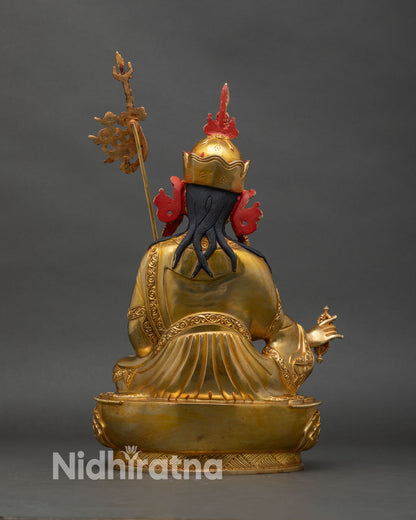 Back view Guru Rinpoche statue gold-gilded copper Himalayan meditation altar decor