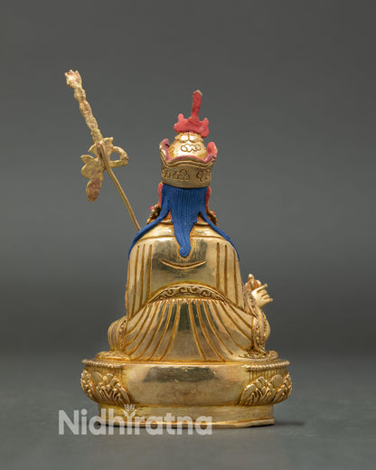 Back view Guru Rinpoche statue handcrafted nepal copper alloy gold detailing