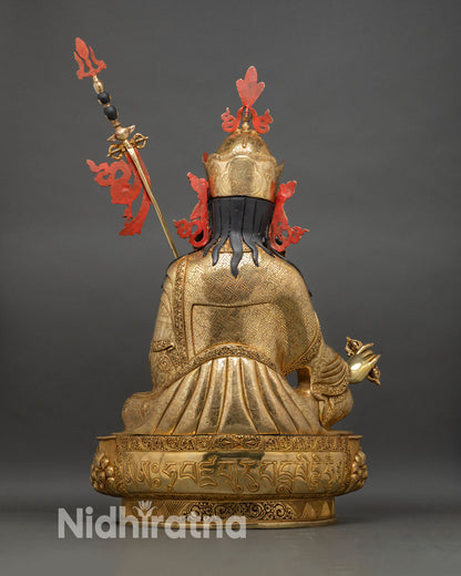 back view guru rinpoche statue, large life size presence, detailed robes, lotus base and monastery scale craftsmanship
