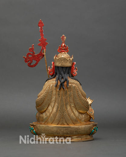 Back view of Guru Rinpoche statue, lotus pedestal and semi-precious stone decorations