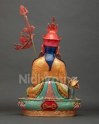 Back view of Guru Rinpoche Statue showcasing intricate Nepalese Buddhist artistry sacred symbolism and detailed ritual sculpture work