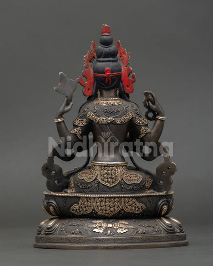 Back view of handcrafted Chenrezig statue from Patan Nepal oxidized copper artwork sacred Buddhist sculpture for altar and home decor