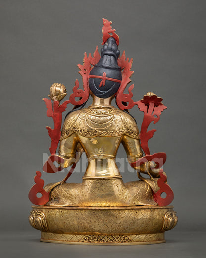 Back view of handcrafted Green Tara statue showing detailed copper metalwork gold gilded finish and traditional Nepalese artistry
