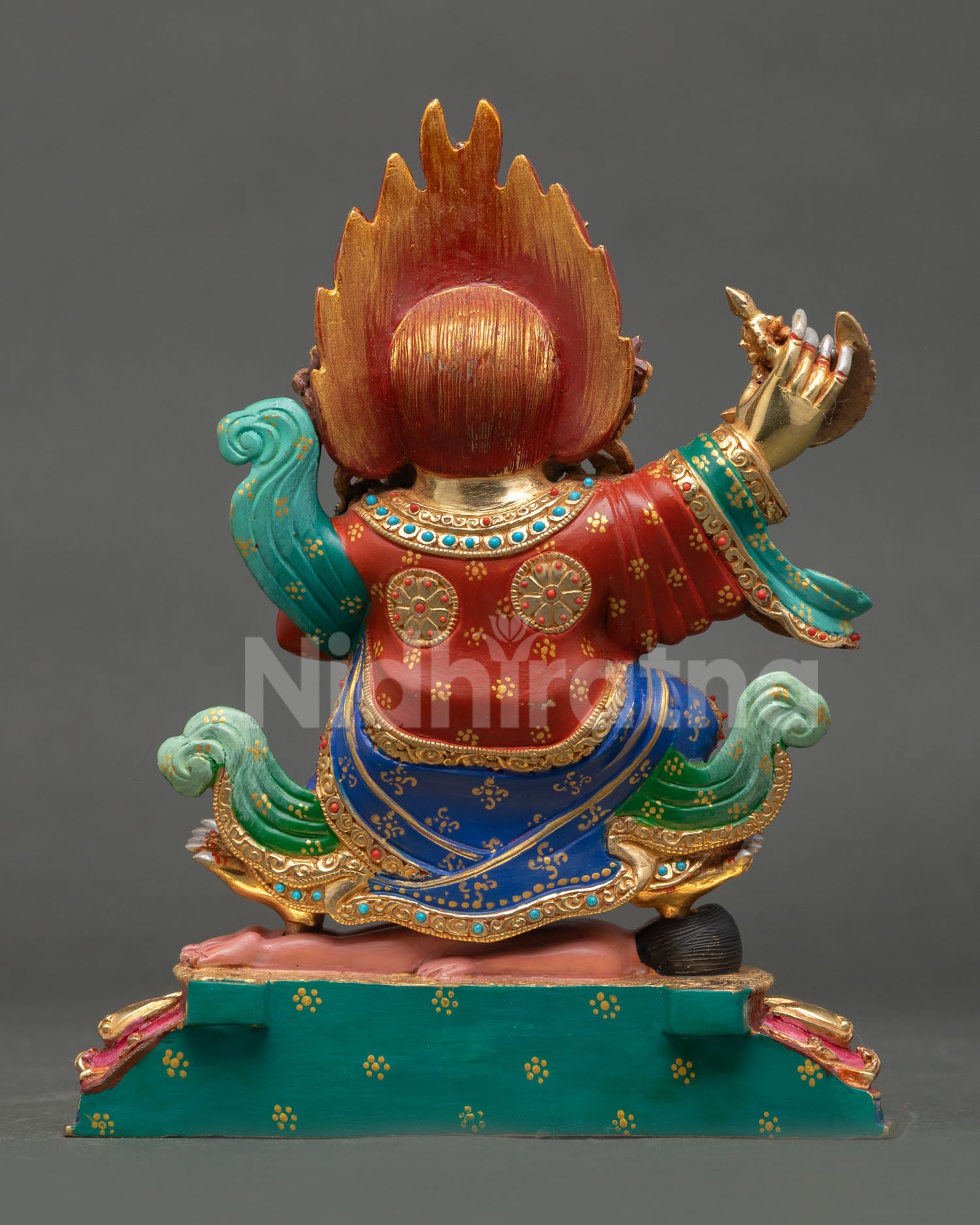Back view of handcrafted Mahakala Bernagchen statue from Nepal showcasing traditional copper artwork and sacred Buddhist sculpture details