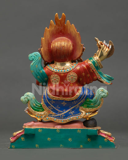Back view of handcrafted Mahakala Bernagchen statue from Nepal showcasing traditional copper artwork and sacred Buddhist sculpture details