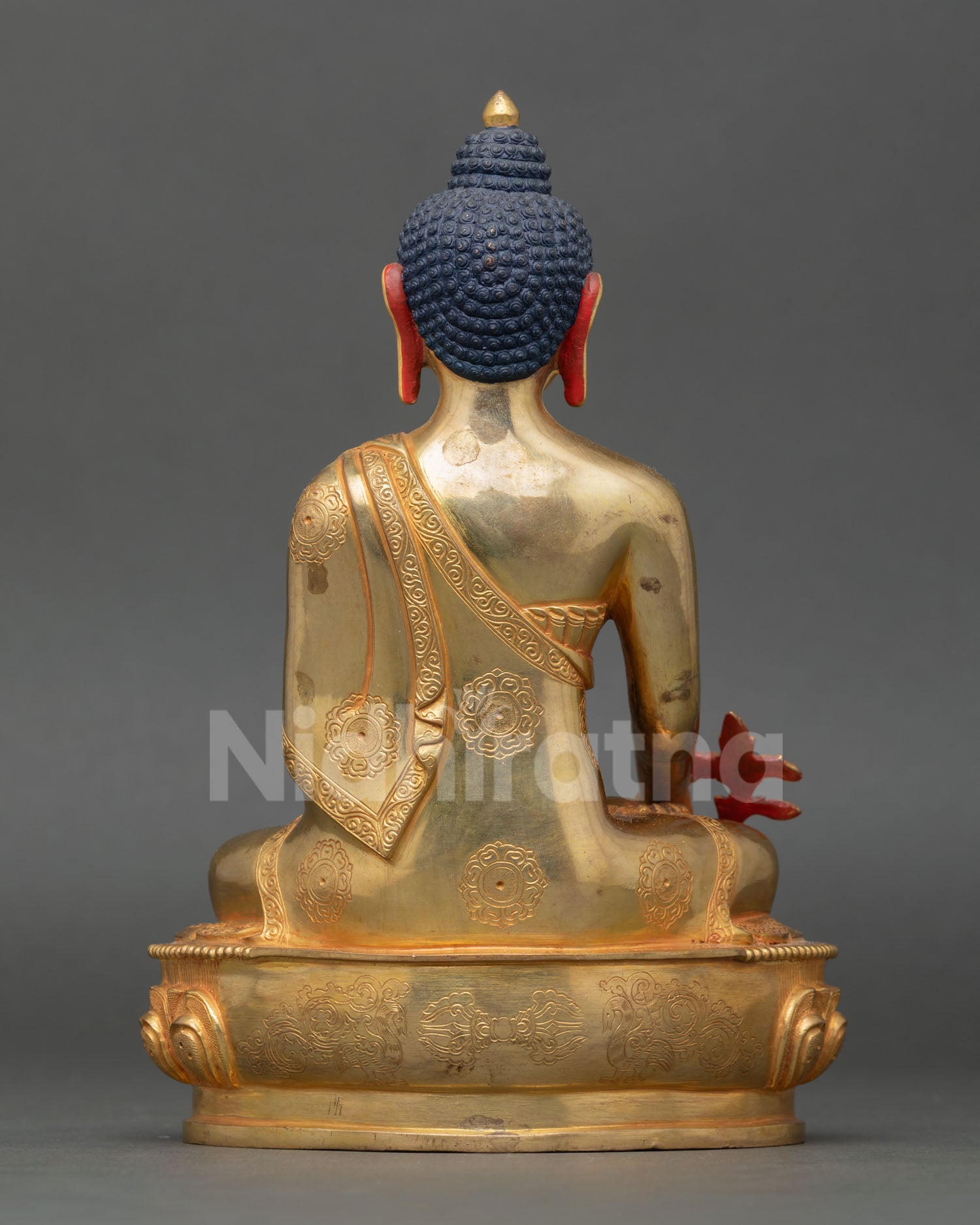 Back view handcrafted Medicine Buddha statue Nepal, Buddhist healing deity sculpture meditation altar sacred decor