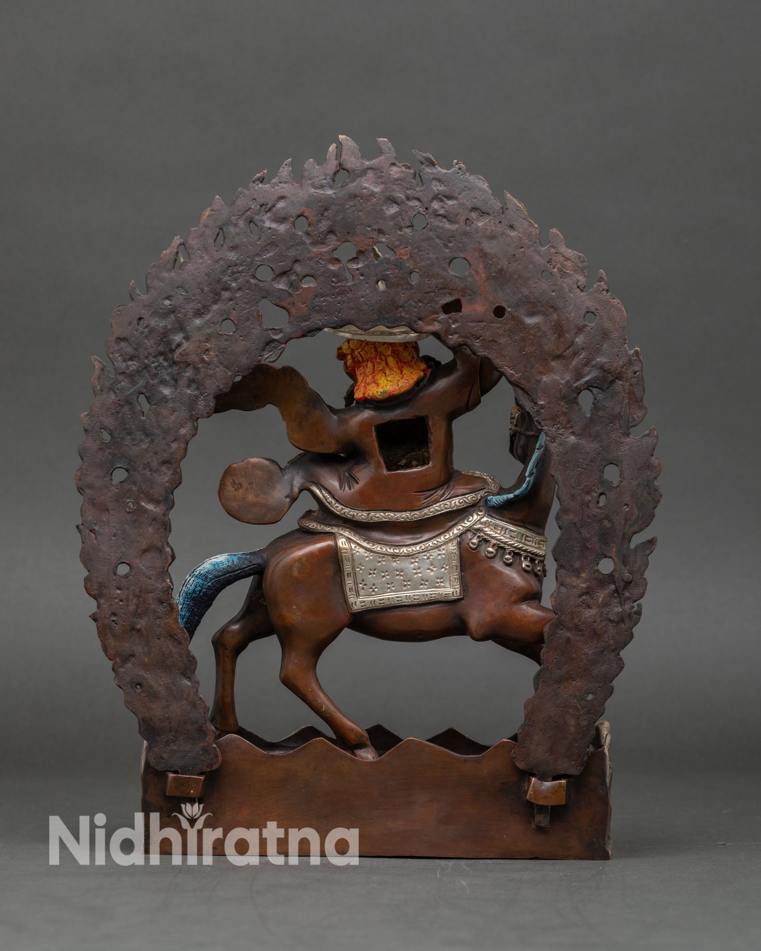 Back view handcrafted Pehar Gyalpo statue from Nepal oxidized copper sculpture, ritual artwork sacred Tibetan protector deity