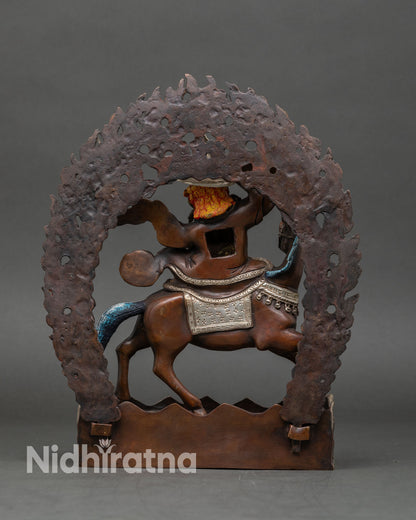 Back view handcrafted Pehar Gyalpo statue from Nepal oxidized copper sculpture, ritual artwork sacred Tibetan protector deity