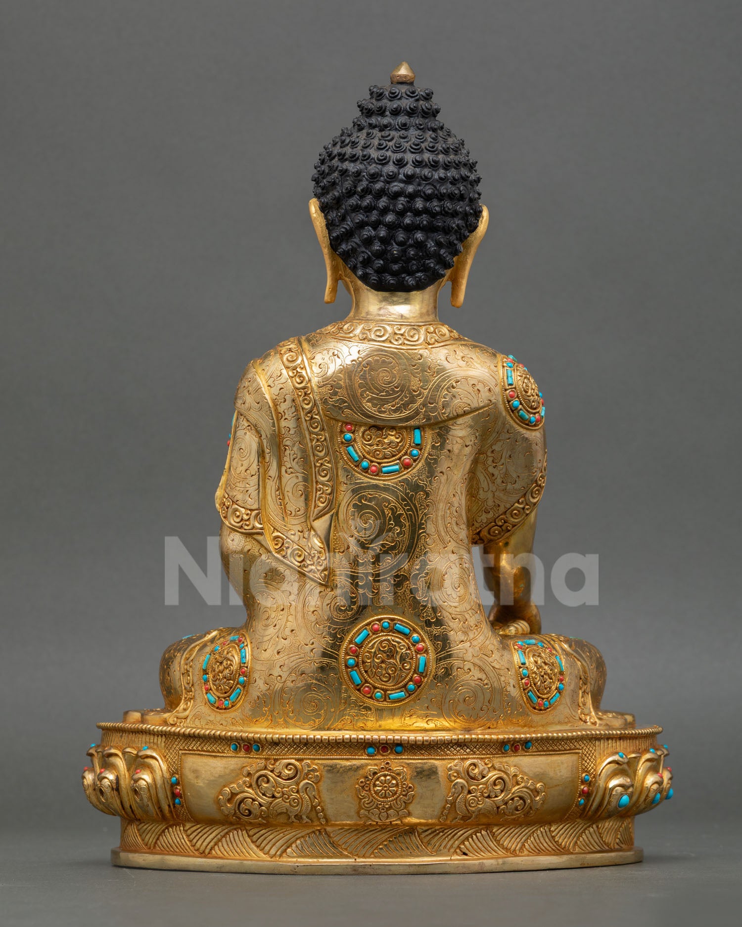 Back view of handmade Shakyamuni Buddha statue for meditation space Zen decor Buddhist altar statue with intricate halo and Nepal artisan detail