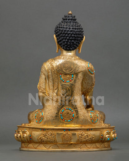 Back view of handmade Shakyamuni Buddha statue for meditation space Zen decor Buddhist altar statue with intricate halo and Nepal artisan detail