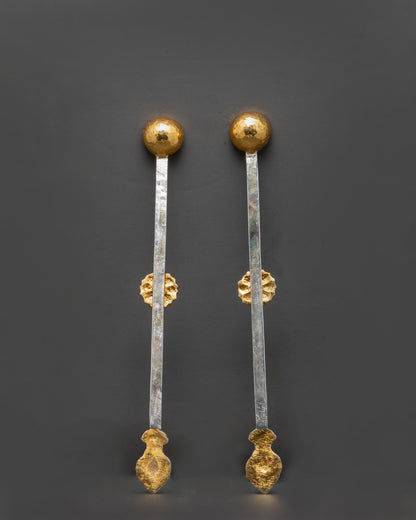 Back view handmade tibetan ritual spoons nepal newari craftsmanship engraved handle, buddhist ceremonial metalwork